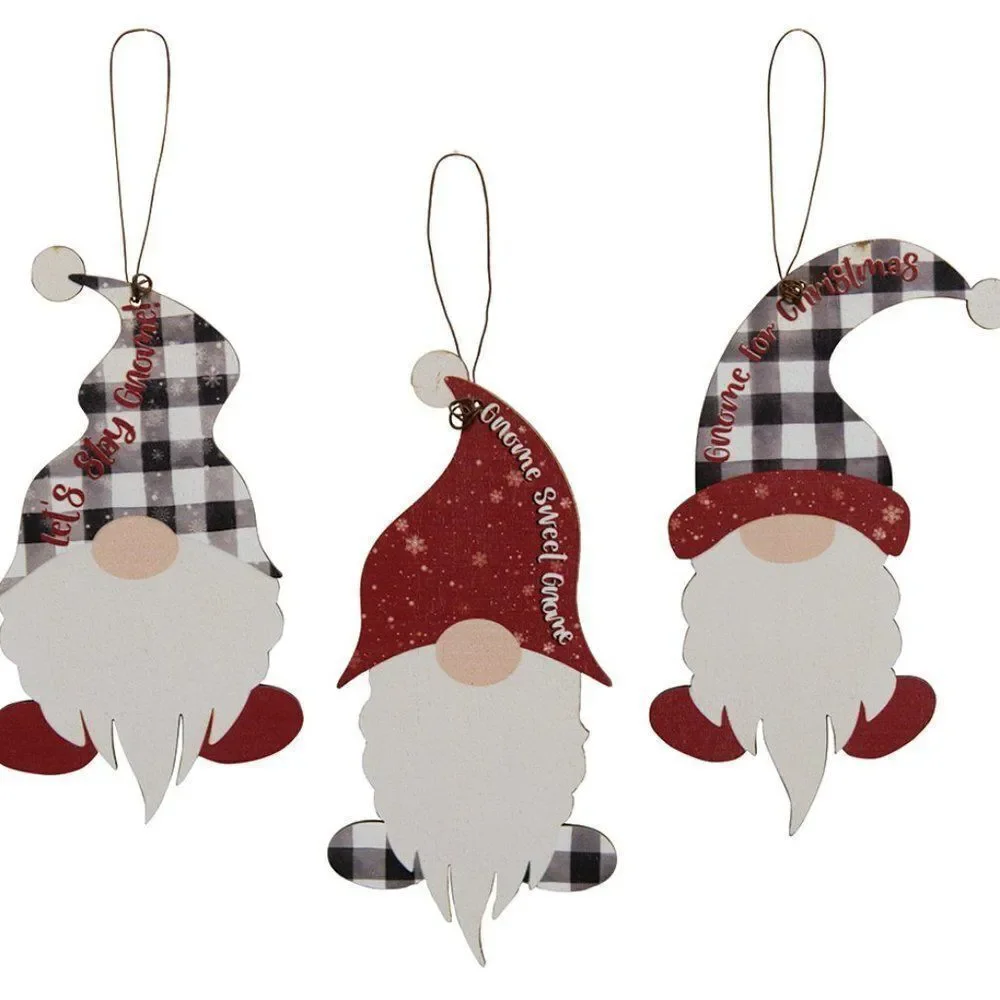 Christmas Gnome Set of Three Tree Ornaments Buffalo Plaid Checked Holiday